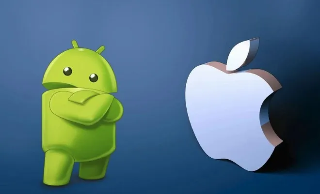 Mascota de Android verde y el logo de Apple con la manzana mordida.