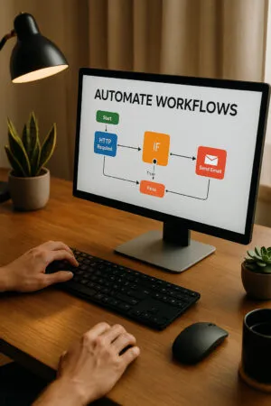 Escritorio de trabajo pulcro donde se puede ver un diseño de workflow.