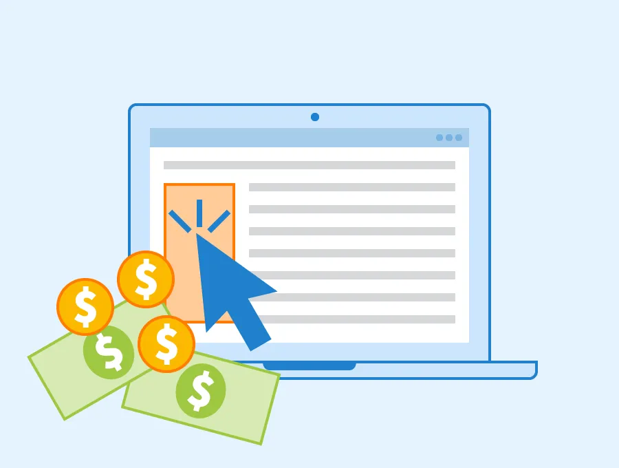 CPC, el pago por click, se muestra un click a un banner vertical a un lado con billetes y monedas saliendo de él.