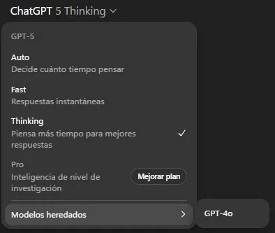 Nuevo enrutador de ChatGPT 5 donde se puede ver que puedes seleccionar Auto, Fast o Thinking y el modelo antiguo GPT-4o.