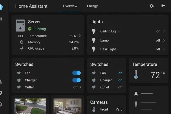 Panel de Home Assistant mostrando el estado del servidor, luces, enchufes, temperatura, camaras, etc.