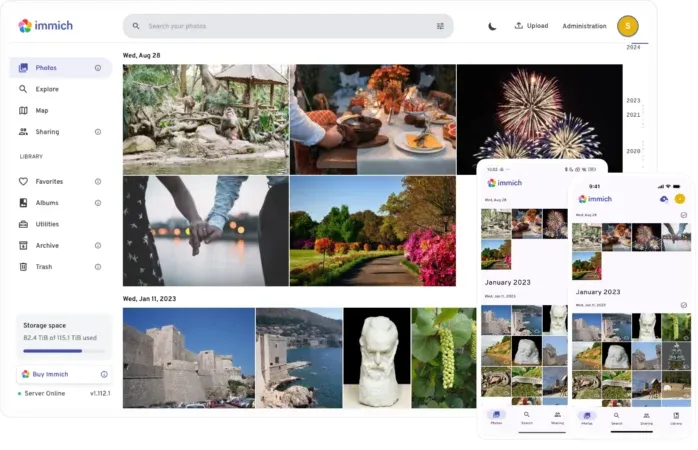 Immich y su interfaz que es visualmente muy parecida a Google Fotos.