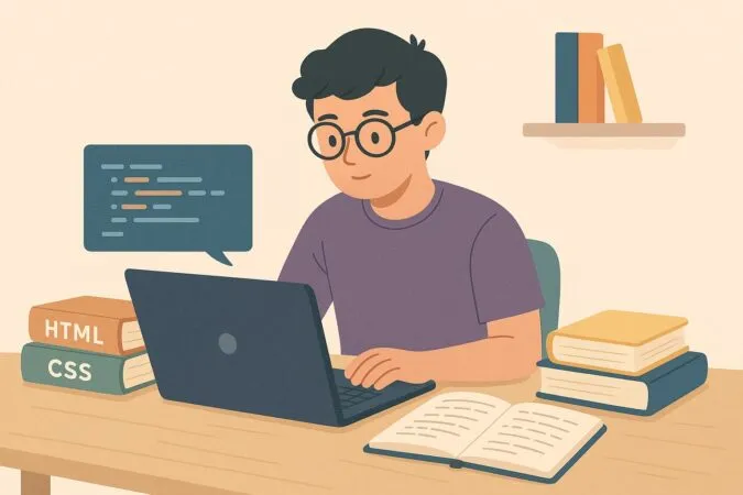 Estudiante con gafas y unos libros de HTML y CSS aprendiendo y codeando en su portátil.