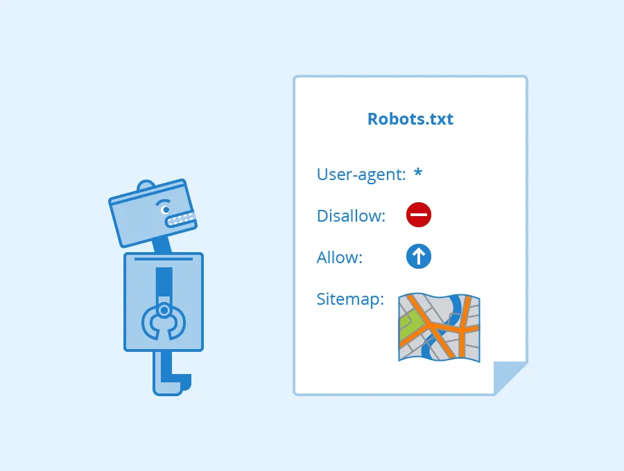 Un robot mirando al archivo robots.txt donde se puede ver user-agent disallow allow y sitemap.