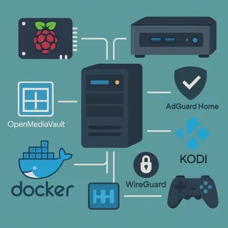 Servidor que muestra varias cosas conectadas a él, una raspberry pi y las diferentes aplicaciones como Kodi, WireGuard, OpenMediaVault, docker, un mando para jugar, Adguard Home.