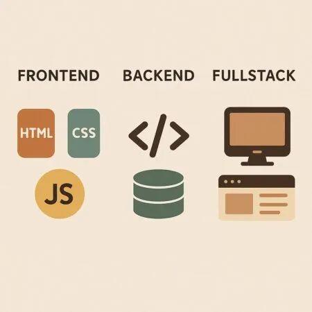 Frontend backend y fullstack representados visualmente con html css y JavaScript, una base de datos para el backend y fullstack que contiene todo en el global de la web.