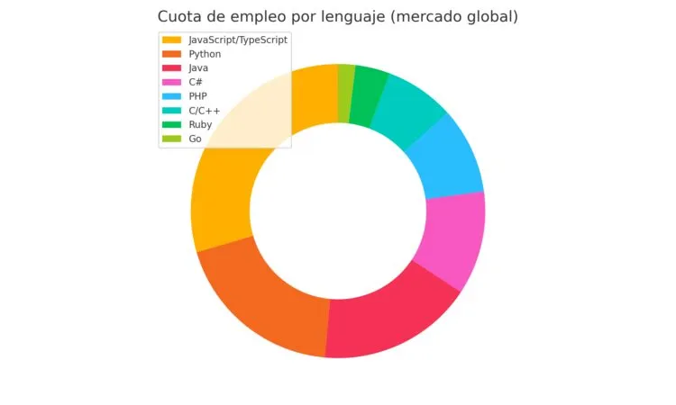Cuota de empleo global por lenguaje, donde JavaScript, TypeScript y Python se comen la mayoría del pastel.