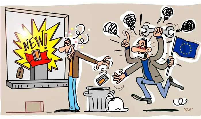 Caricatura que muestra cómo el consumidor tira su teléfono mientras ve uno nuevo en la vitrina de un escaparate y la UE se enfada cuando lo ve.