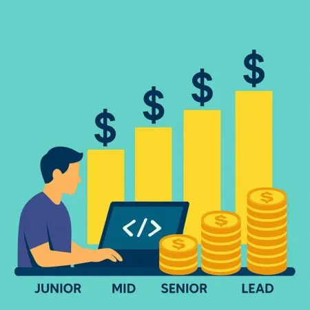 Ilustración que muestra unos salarios en barras ascendentes respecto a perfiles junior mid senior y lead.