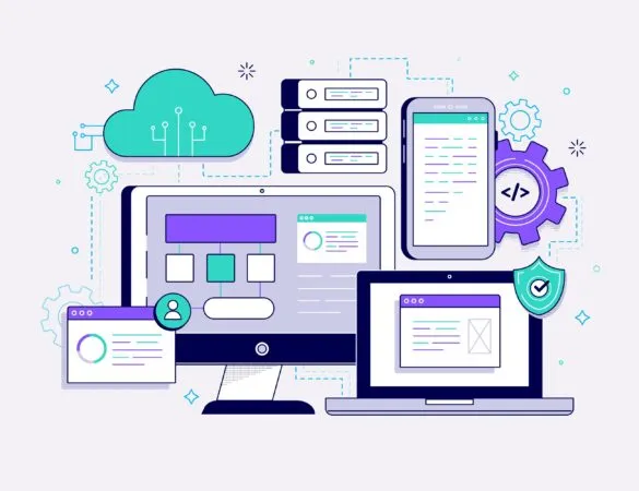 Representación del software con la nube, servidor, móvil y distintas pantallas de "user interface".